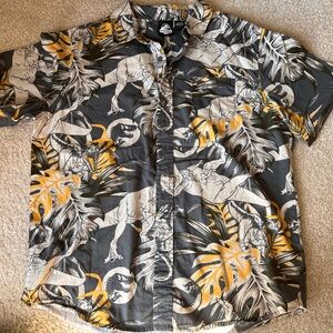 Jurassic World Dino Print Button-Up Shirt in Black, Cream & Mustard